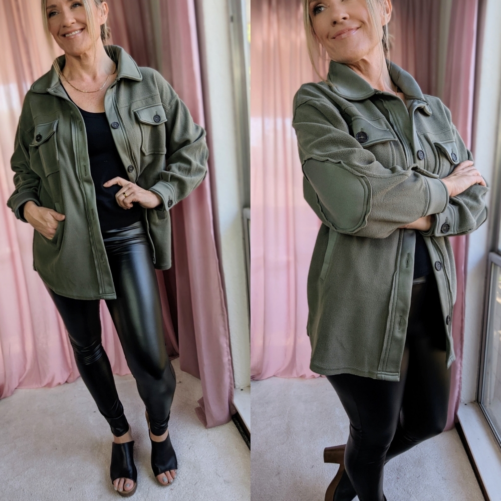 Zenana Fleece Shacket Olive Green